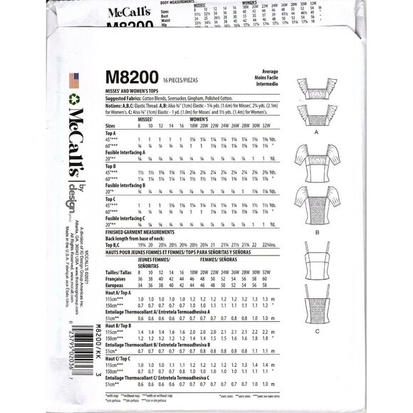 McCall's M8200 Womens 26W to 32W Peasant  and Crop Tops Sewing Pattern New - Picture 2 of 2